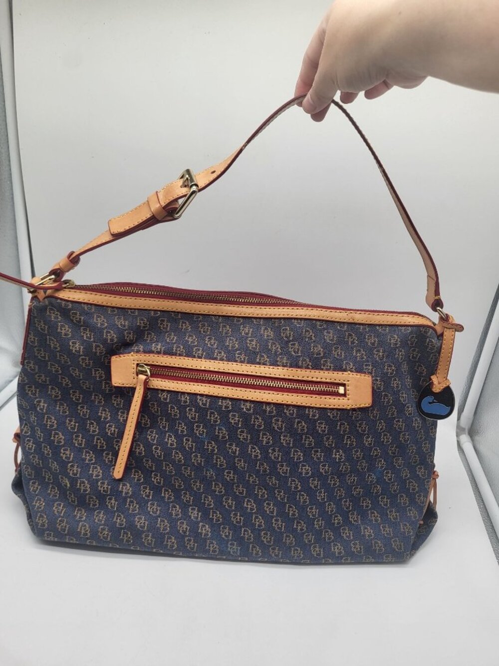 Dooney & Bourke Blue Denim Logo Brocade Shoulder Bag Brown Leather Red Interior - Picture 8 of 13